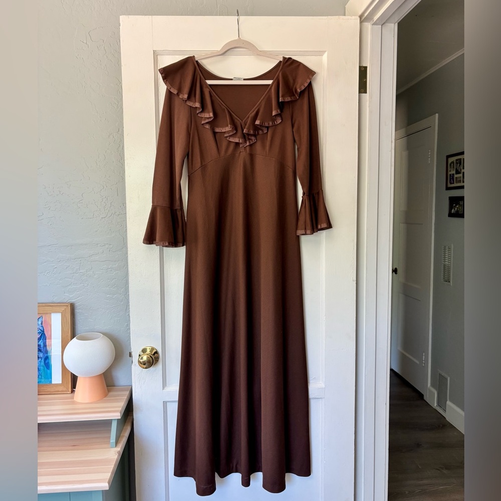 Elegant Brown Ruffle Maxi Dress